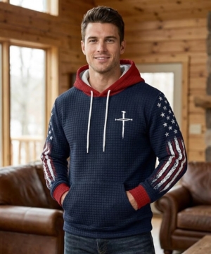 Christian Faith Quilted Hoodie – “Nail Cross & American Flag” Patriotic Religious Pullover Sweatshirt