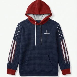 Christian Faith Quilted Hoodie – “Nail Cross & American Flag” Patriotic Religious Pullover Sweatshirt