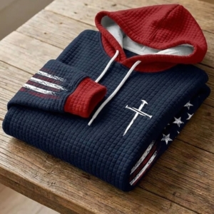 Christian Faith Quilted Hoodie – “Nail Cross & American Flag” Patriotic Religious Pullover Sweatshirt